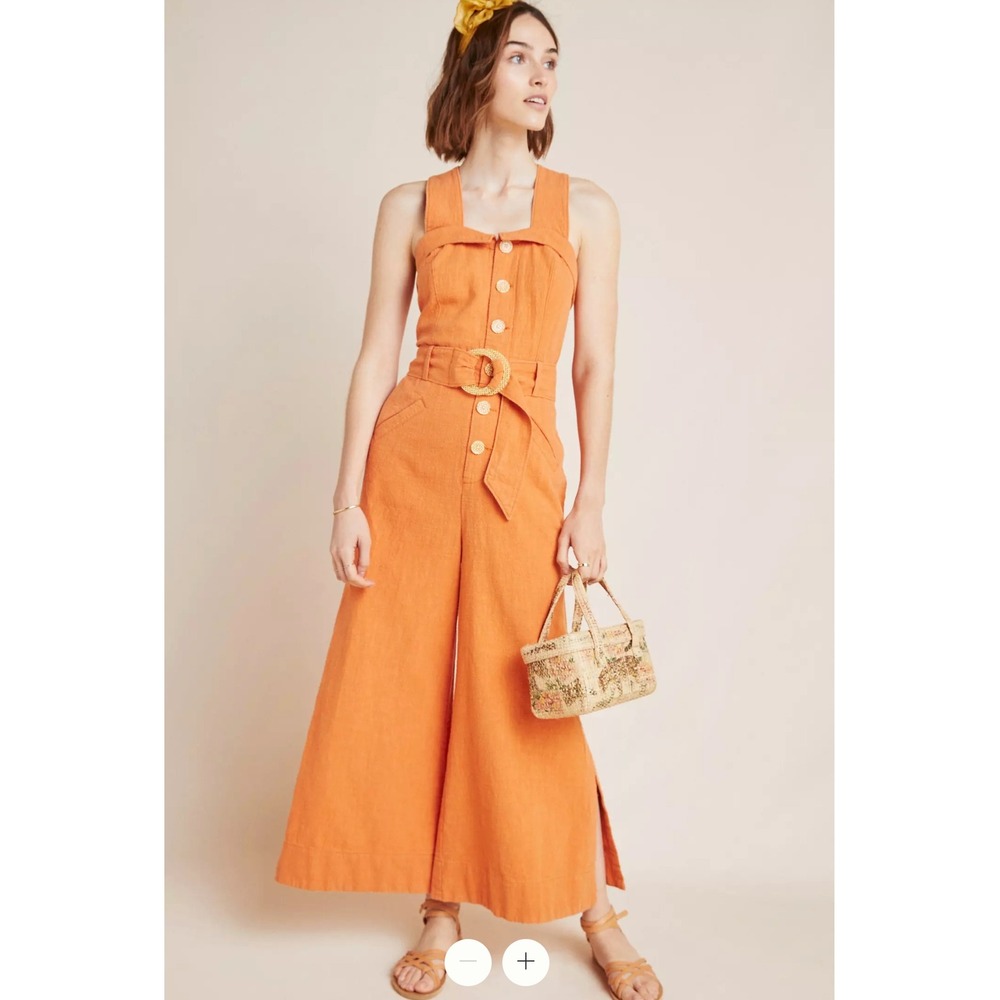 Anthropologie Cape Cod Jumpsuit in Orange Linen Blend Wide Leg Belted, US 4